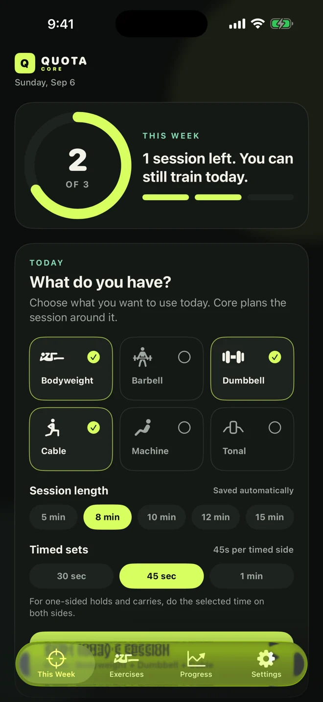 CORE showing a weekly goal, equipment choices and session length options