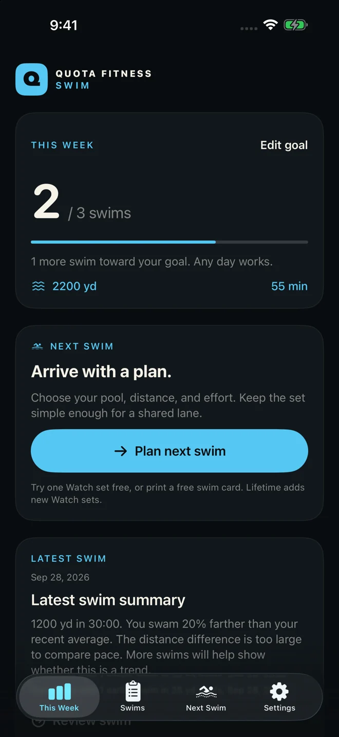 QUOTA SWIM 1.1 preview showing a weekly swim goal, next swim and latest receipt